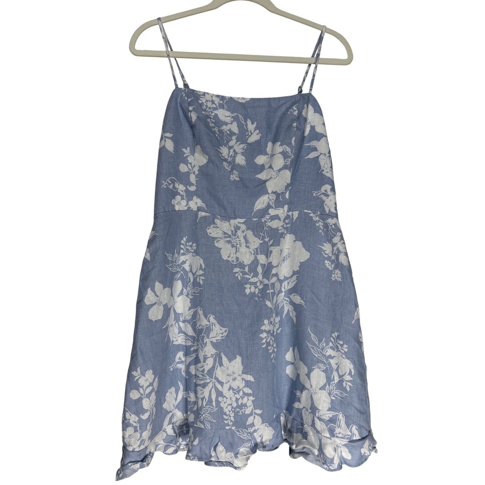 Reformation Kiernan Ruffle Hem Sleeveless 100% Linen Mini Dress Blue Floral Sz 8